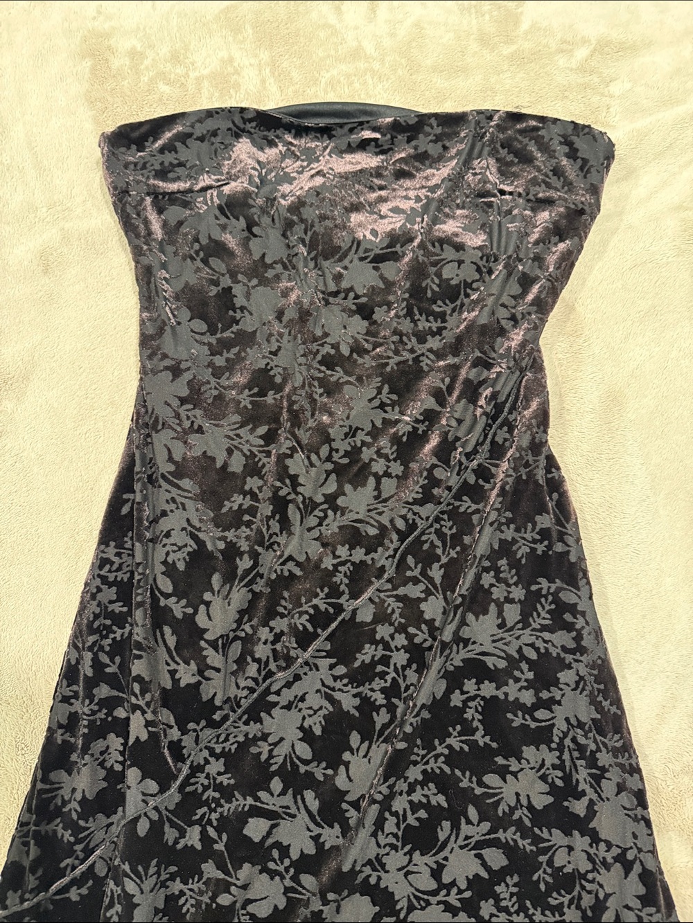 Trixxi Strapless Black Velvet Burnout Floral Gown with Smoky Gray Pattern